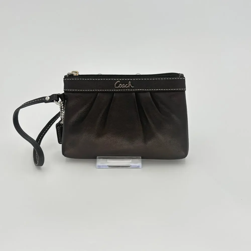 Coach Ashley Black Leather Pleated Zipper Wristlet Pouch F46302